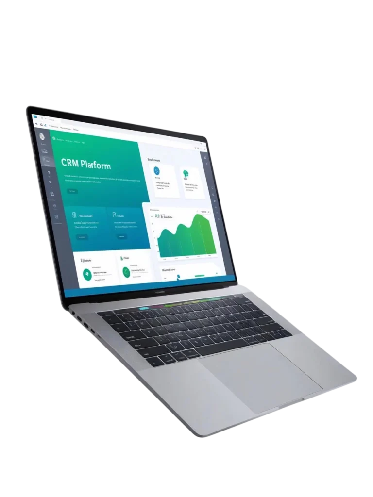 a picture depicting _CRM Platform_ displayed on a laptop with the laptop floating-Photoroom