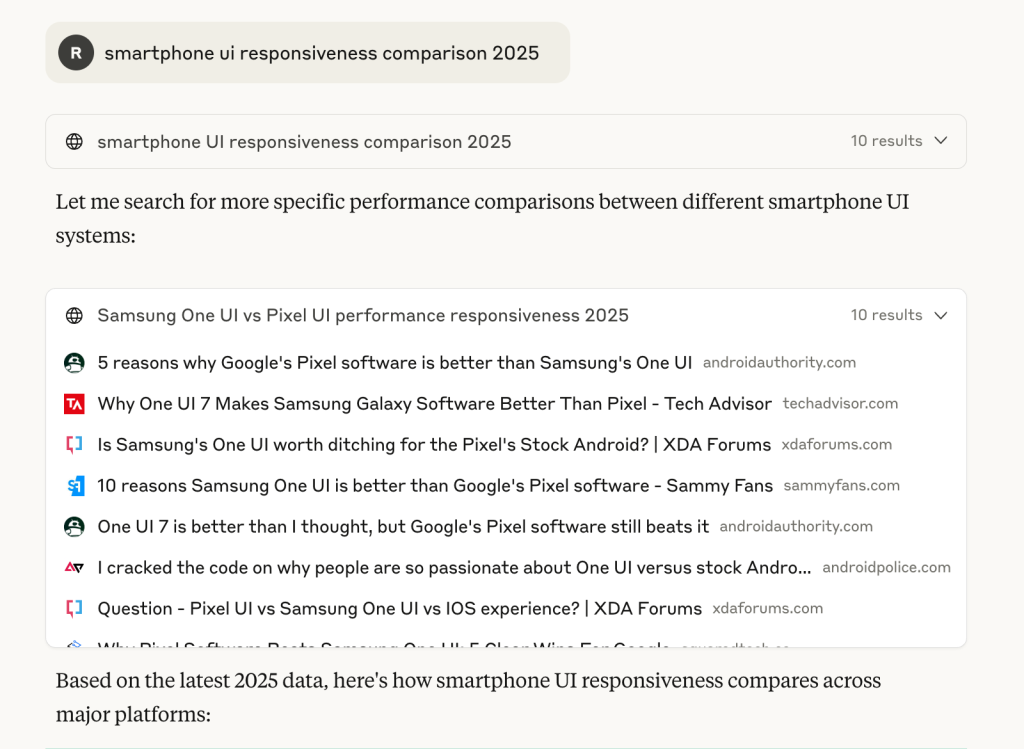 Digipixel’s study of queries and the resulting answers on Claude for the query ‘smartphone UI responsiveness comparison 2025’