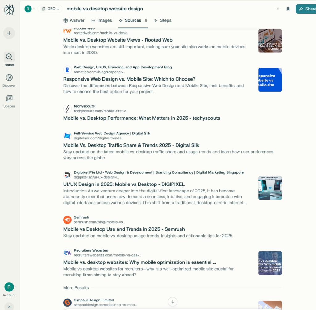 Digipixel’s experiment on queries and how Perplexity generated answers. Digipixel appeared in the results for the query ‘mobile vs desktop website design’